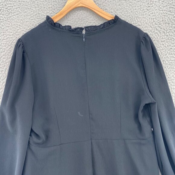 Ann Taylor Dress Womens 14 Black Embroidered Shift Long Balloon Sleeve Ruffle - Picture 4 of 10